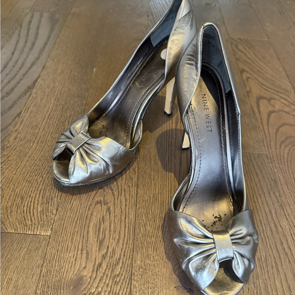 Nine West Metallic Silver Peep-Toe Heels